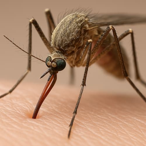 Aparato bucal de mosquito hembra picando piel humana