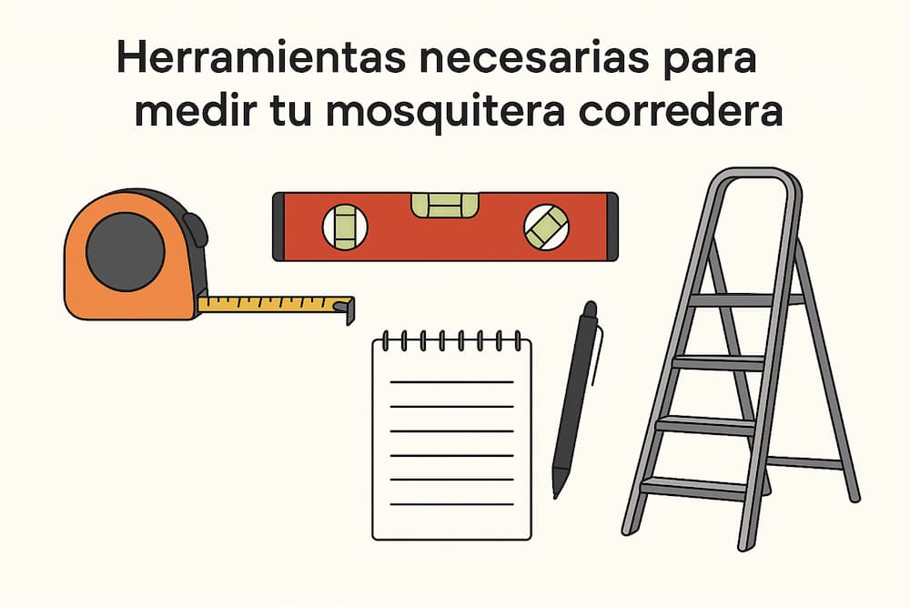 Herramientas para medir mosquitera corredera: cinta, nivel, escalera y bloc.