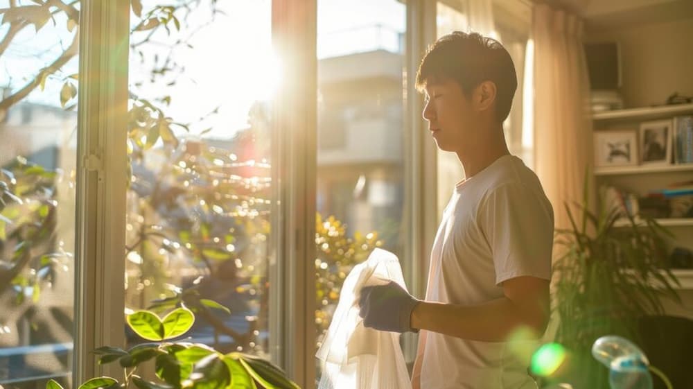 hombre frente a ventana con mucho sol