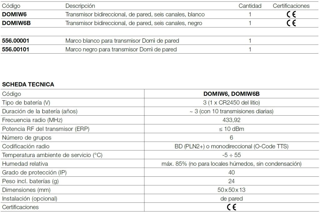 nice domí w6 (emisor de pared para 6 persianas)