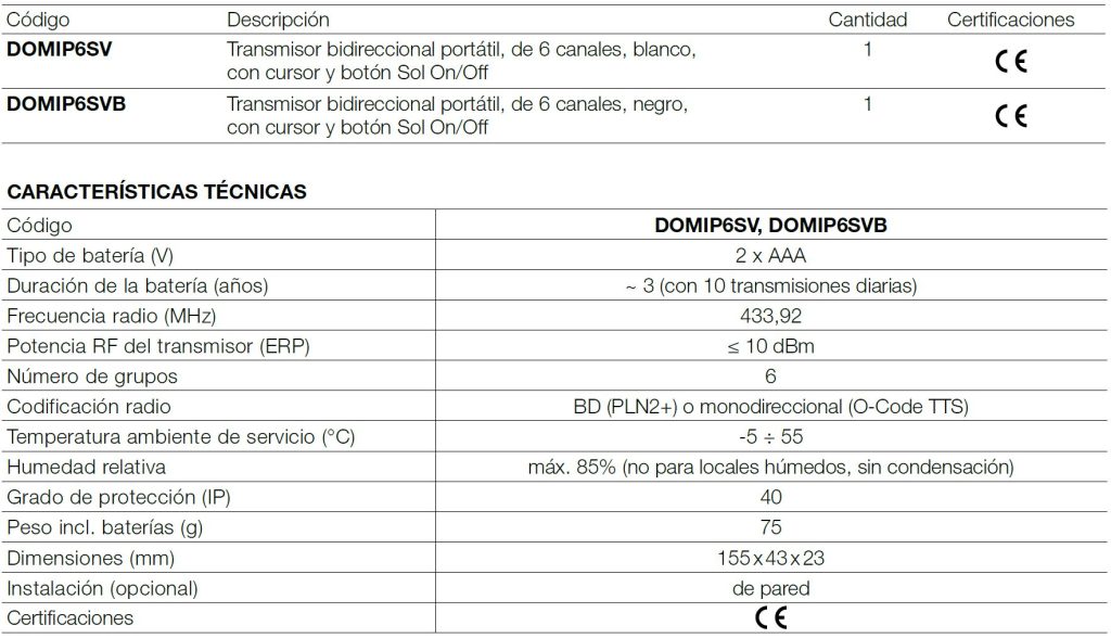 nice domí p6sv (mando a distancia para 6 persianas con sensor solar y viento)