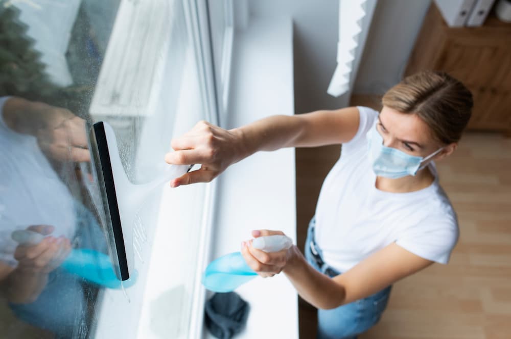Mujer limpiando ventana con mascarilla y spray