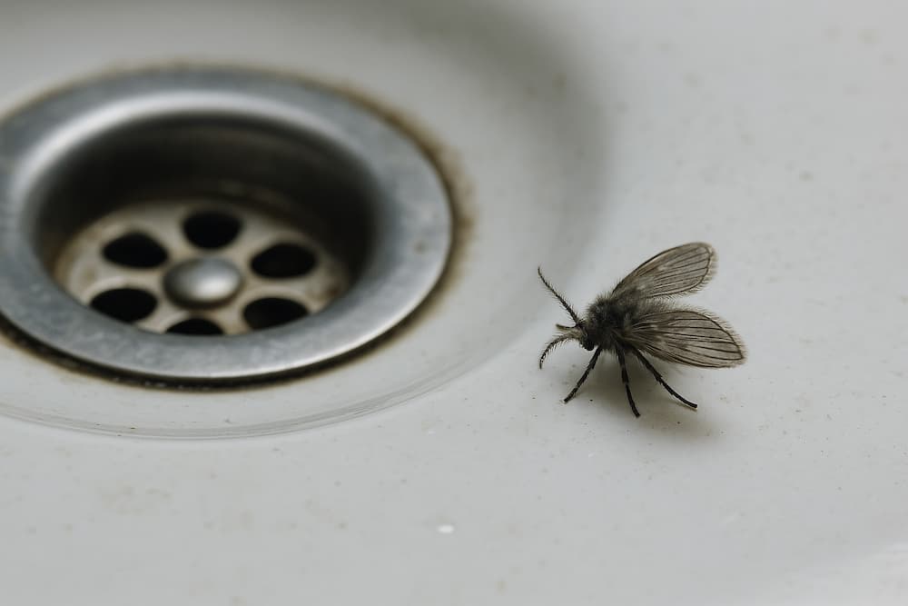mosquita de la humedad en fregadero sucio