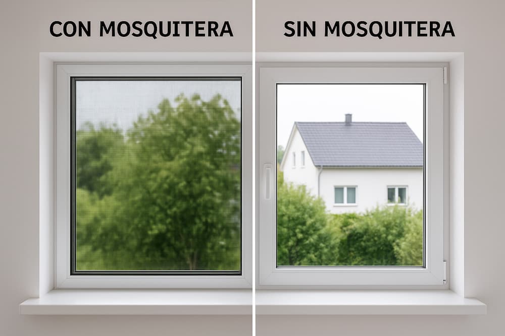 ventana comparativa con y sin mosquitera en casa moderna
